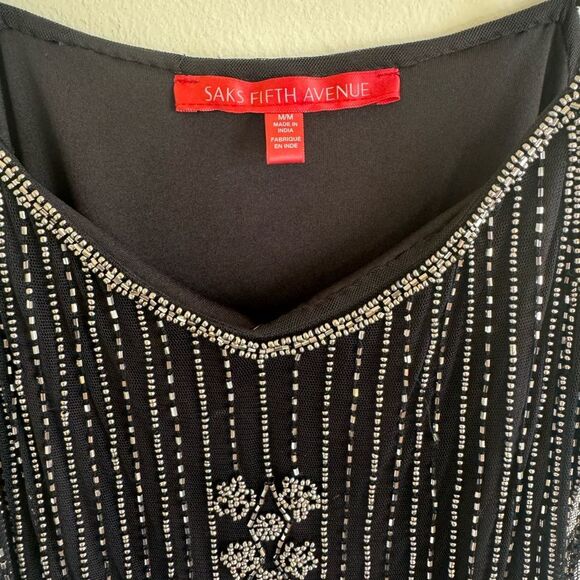 Saks Fifth Ave silver Beaded Black top M - Picture 2 of 5